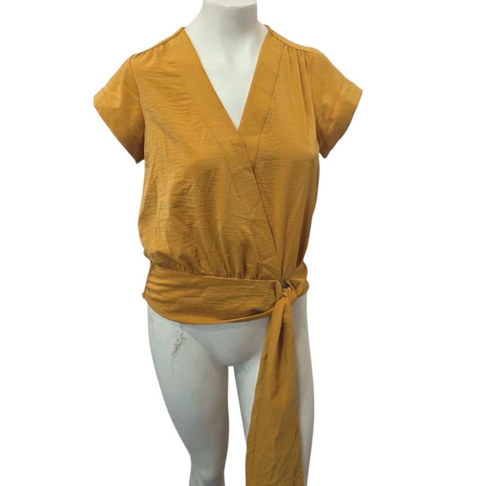 Nine‎ West Womens Small Mustard Faux Wrap Tie Waist Blouse Short Sleeve Top S